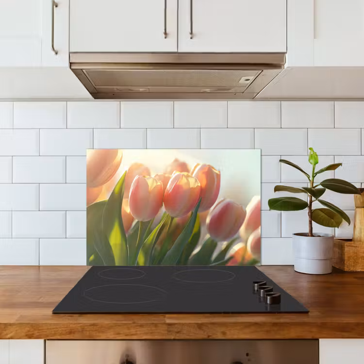 Spatscherm keuken - Tulpen - Roze - Zonnestralen — 3