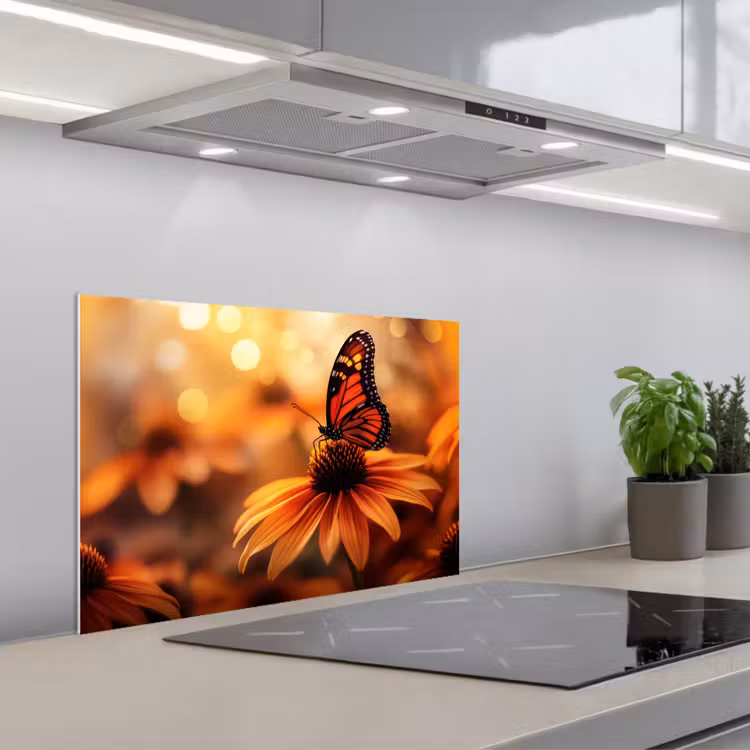 Spatscherm keuken - Vlinder - Bloemen - Oranje — 1