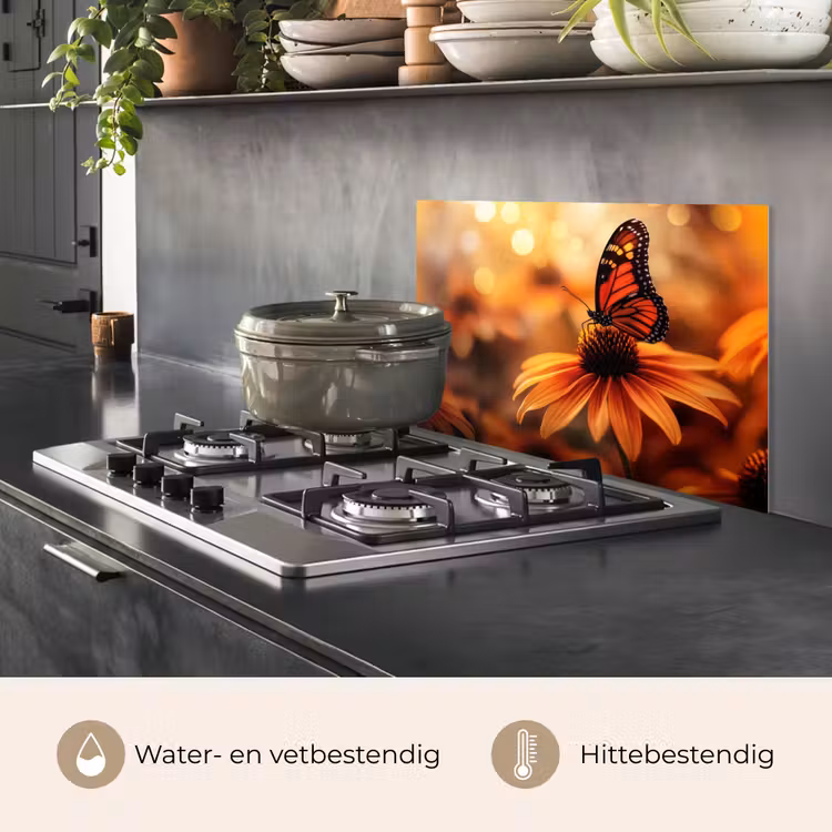 Spatscherm keuken - Vlinder - Bloemen - Oranje — 2