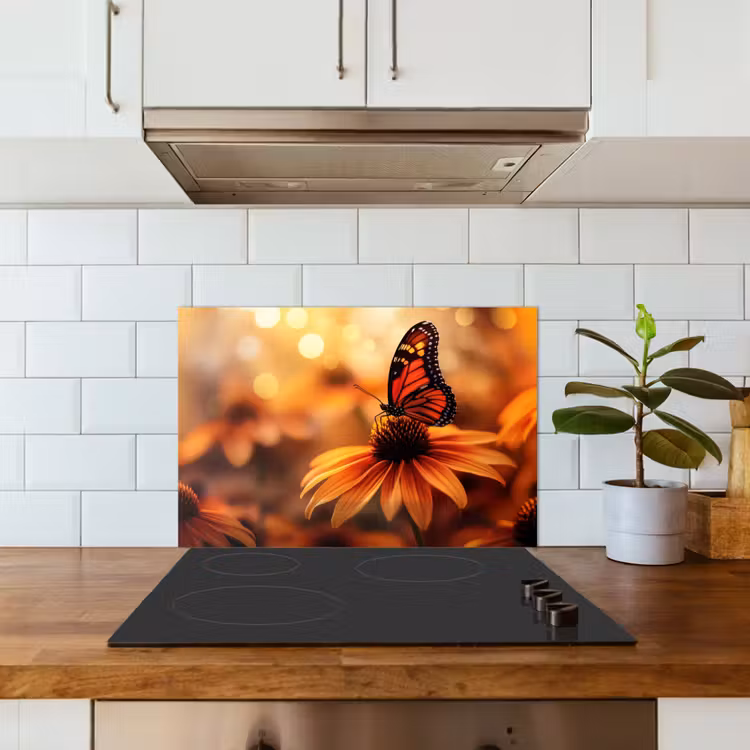 Spatscherm keuken - Vlinder - Bloemen - Oranje — 3