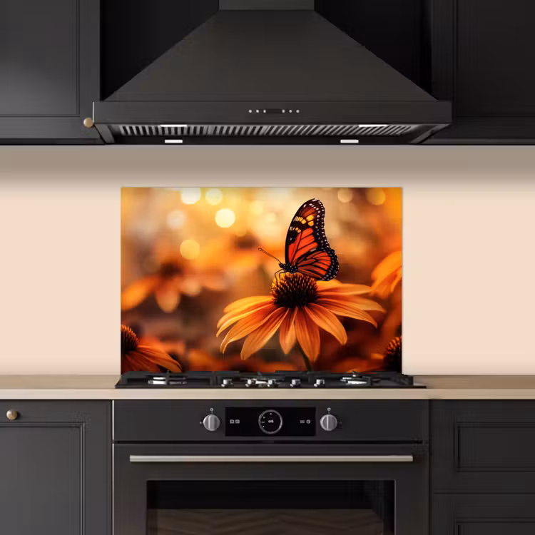 Spatscherm keuken - Vlinder - Bloemen - Oranje — 5