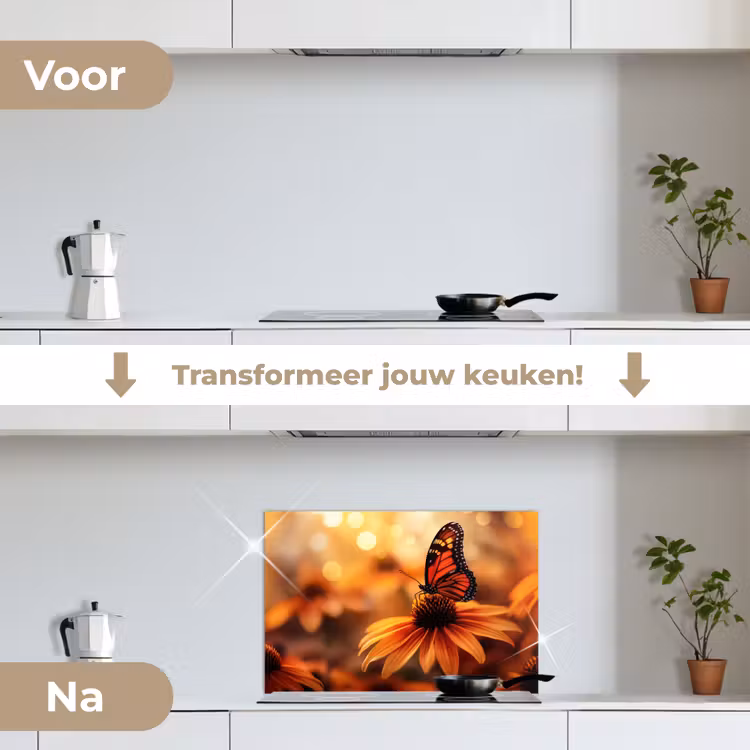 Spatscherm keuken - Vlinder - Bloemen - Oranje — 7