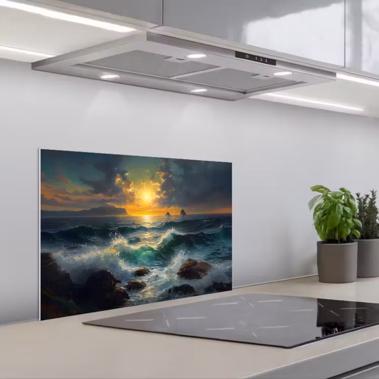Spatscherm keuken - Zee - Zon - Golven - Rotsen — 1