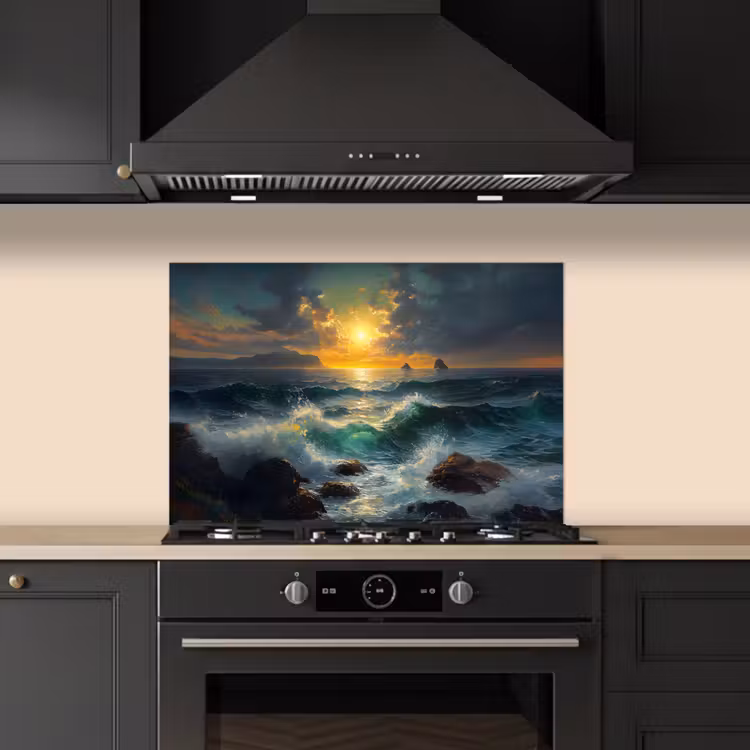 Spatscherm keuken - Zee - Zon - Golven - Rotsen — 5