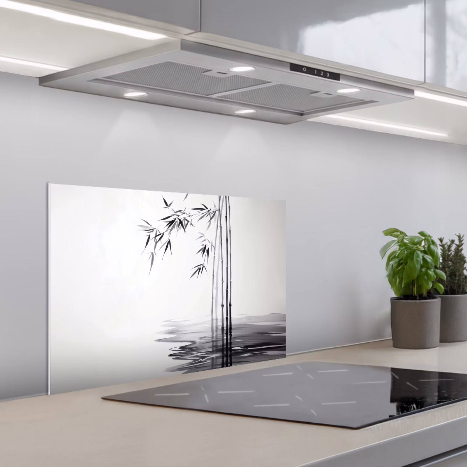 Spatscherm keuken - Bamboestammen - Water - Minimalistisch - Wit — 1