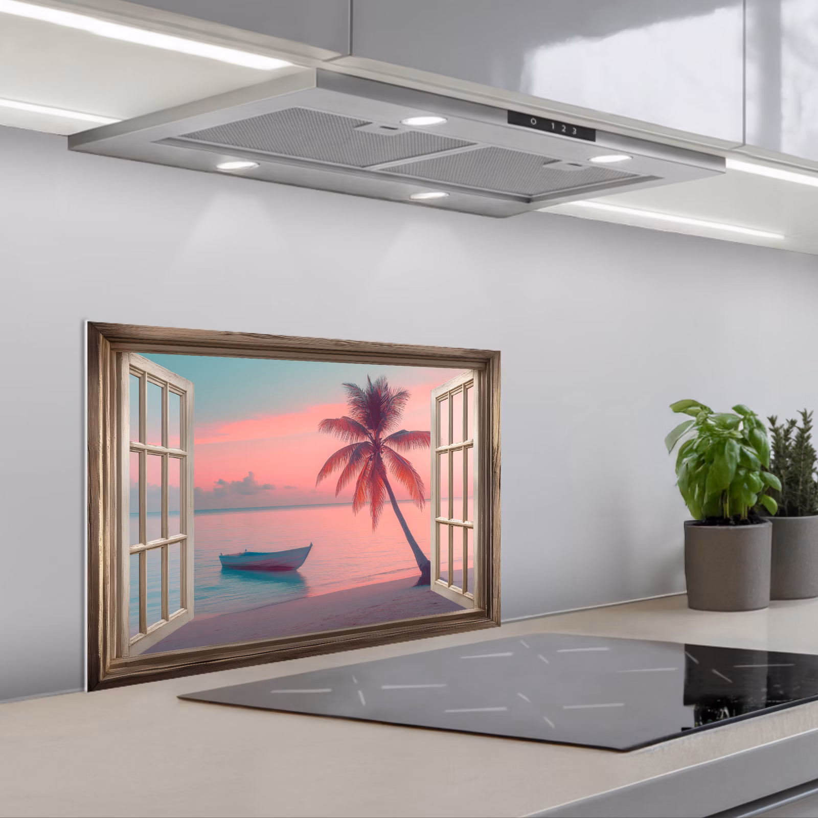Spatscherm keuken - Doorkijk - Strand - Palmboom - Tropisch — 1