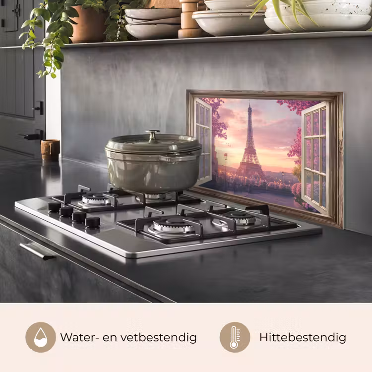 Spatscherm keuken - Doorkijk - Parijs - Eiffeltoren - Roze - Kersenbloesem — 2