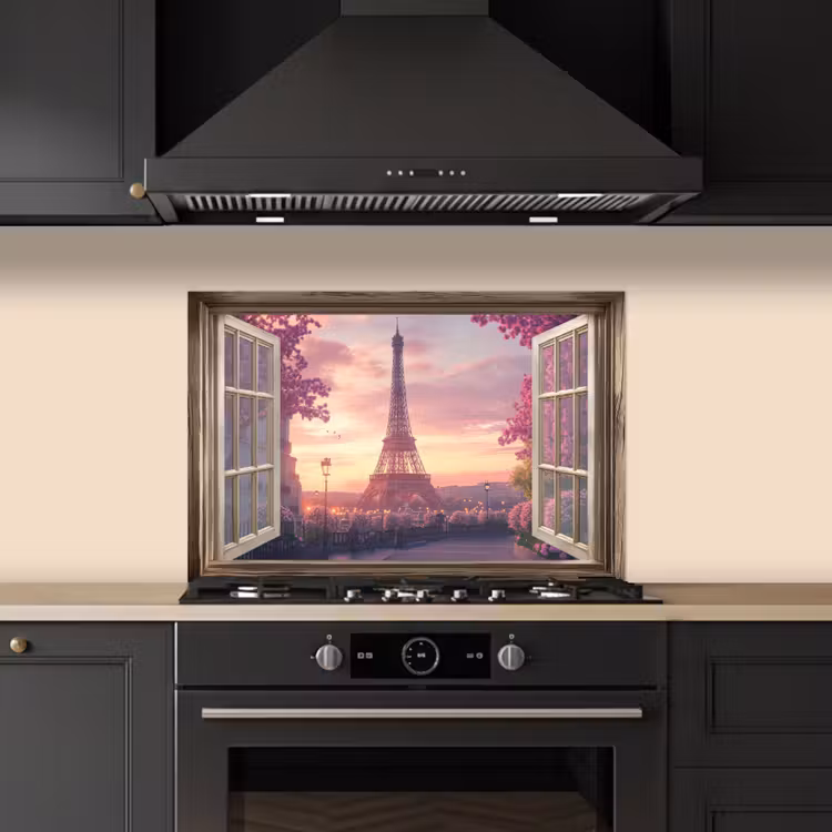 Spatscherm keuken - Doorkijk - Parijs - Eiffeltoren - Roze - Kersenbloesem — 5