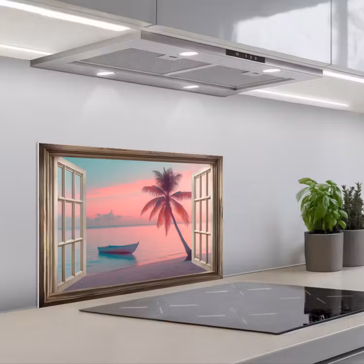 Spatscherm keuken - Doorkijk - Strand - Palmboom - Tropisch — 1