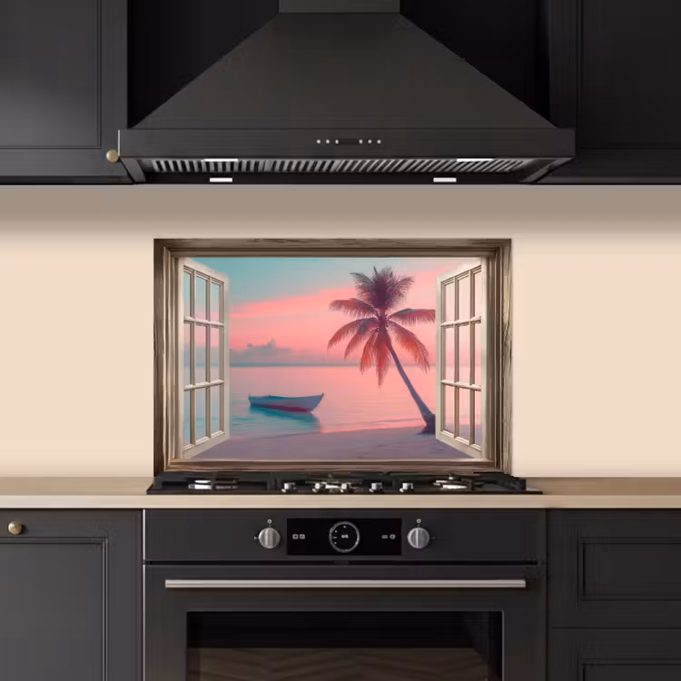 Spatscherm keuken - Doorkijk - Strand - Palmboom - Tropisch — 5