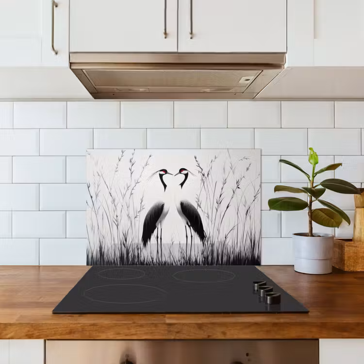 Spatscherm keuken - Kraanvogels - Gras - Hartvorm - Zwart — 3