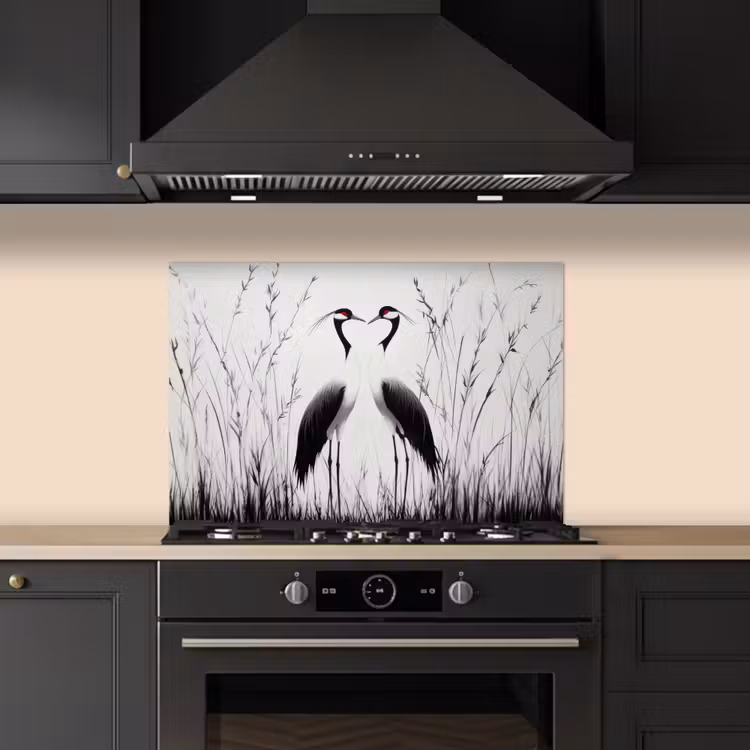 Spatscherm keuken - Kraanvogels - Gras - Hartvorm - Zwart — 5