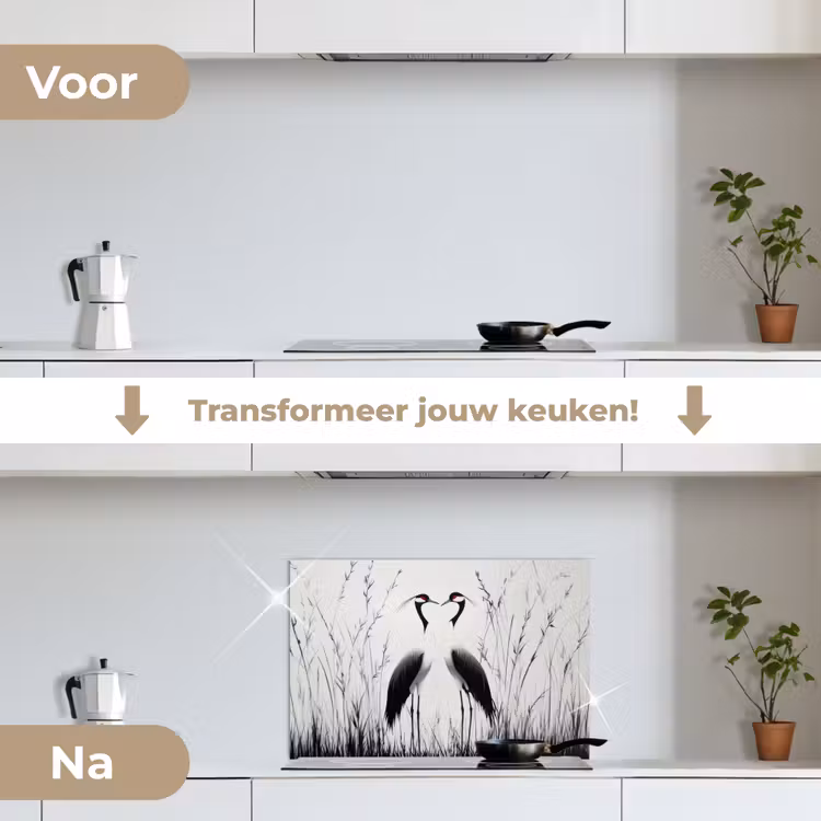 Spatscherm keuken - Kraanvogels - Gras - Hartvorm - Zwart — 7