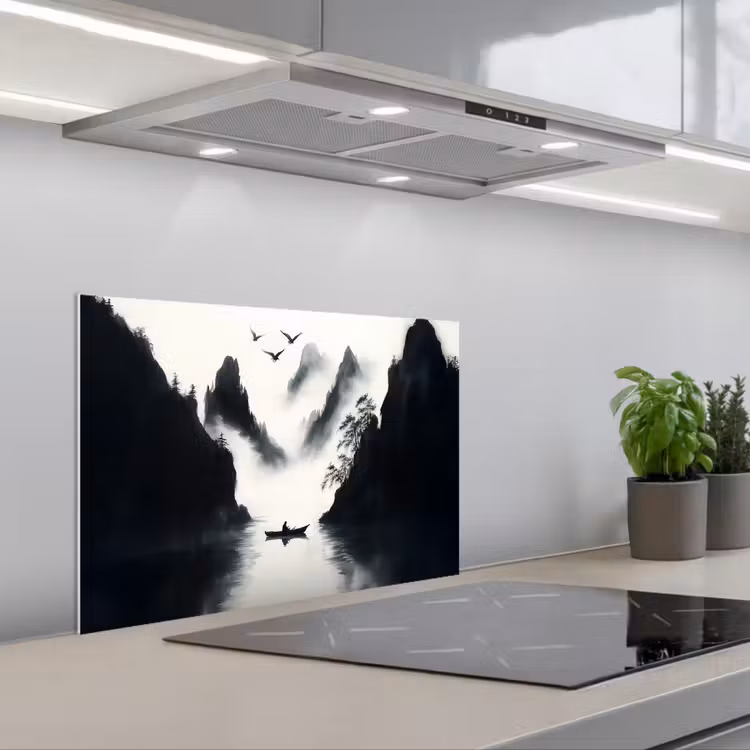 Spatscherm keuken - Roeiboot - Mistig - Bergen - Vogels — 1