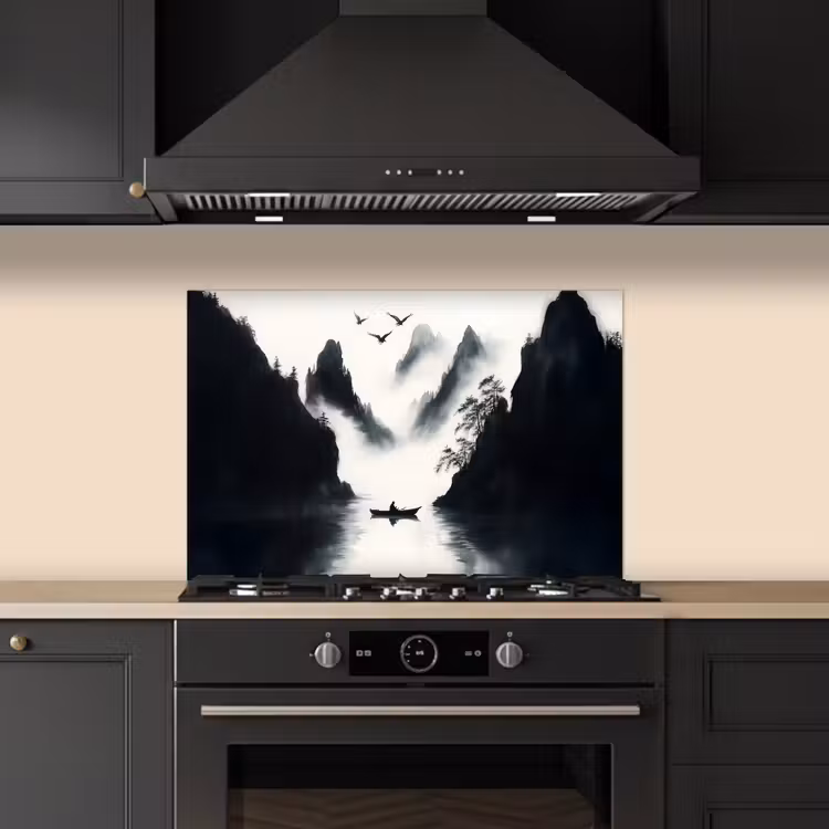 Spatscherm keuken - Roeiboot - Mistig - Bergen - Vogels — 5