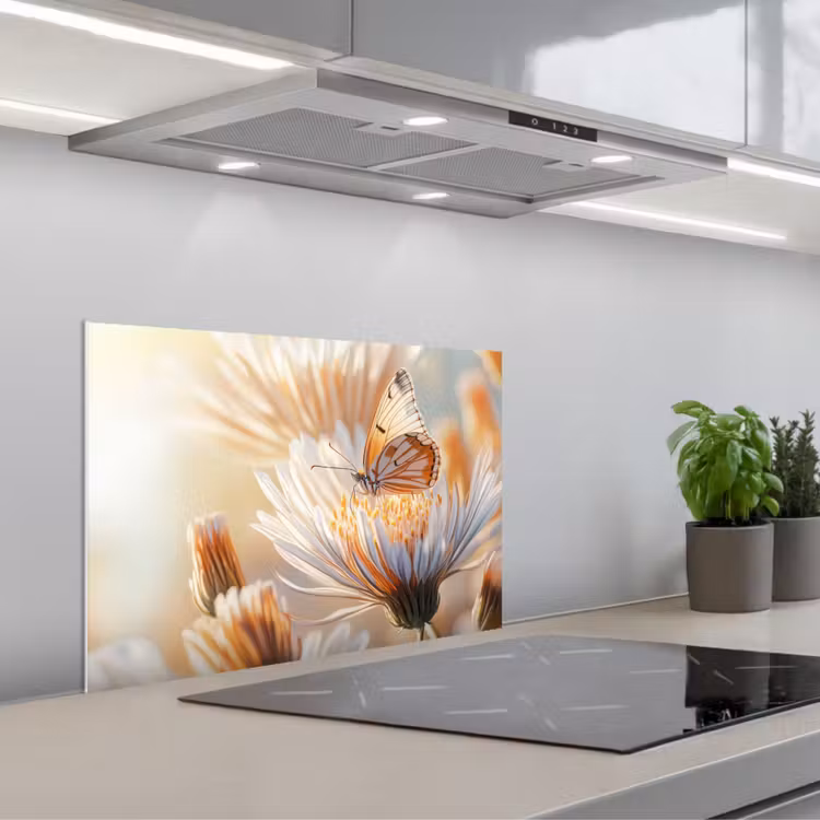 Spatscherm keuken - Vlinder - Bloem - Oranje — 1