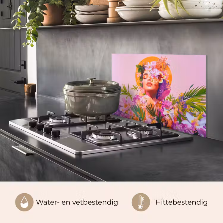 Spatscherm keuken - Vrouw - Abstract - Cirkel - Bloemen — 2
