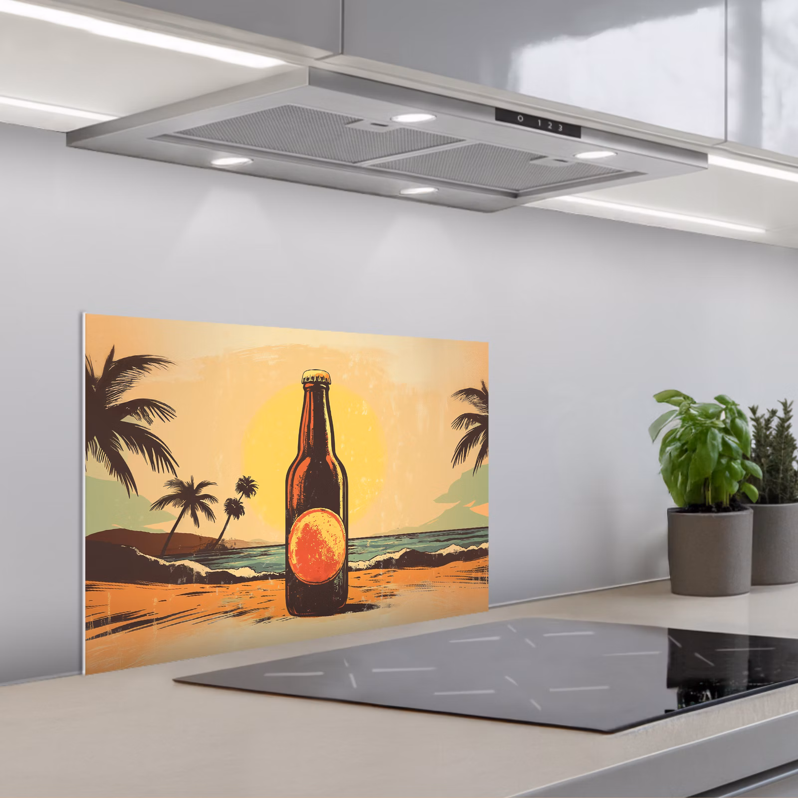 Spatscherm keuken - Bierfles - Zonsondergang - Palmbomen - Zee — 1
