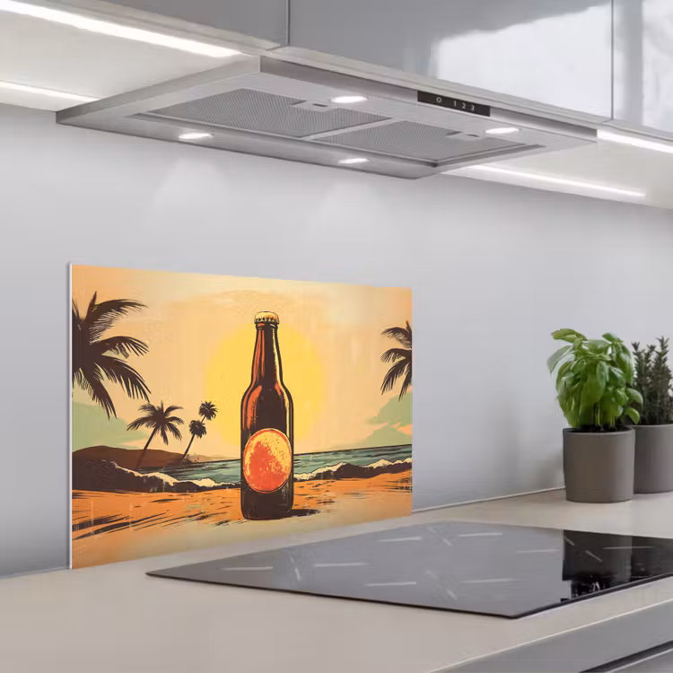 Spatscherm keuken - Bierfles - Zonsondergang - Palmbomen - Zee — 1