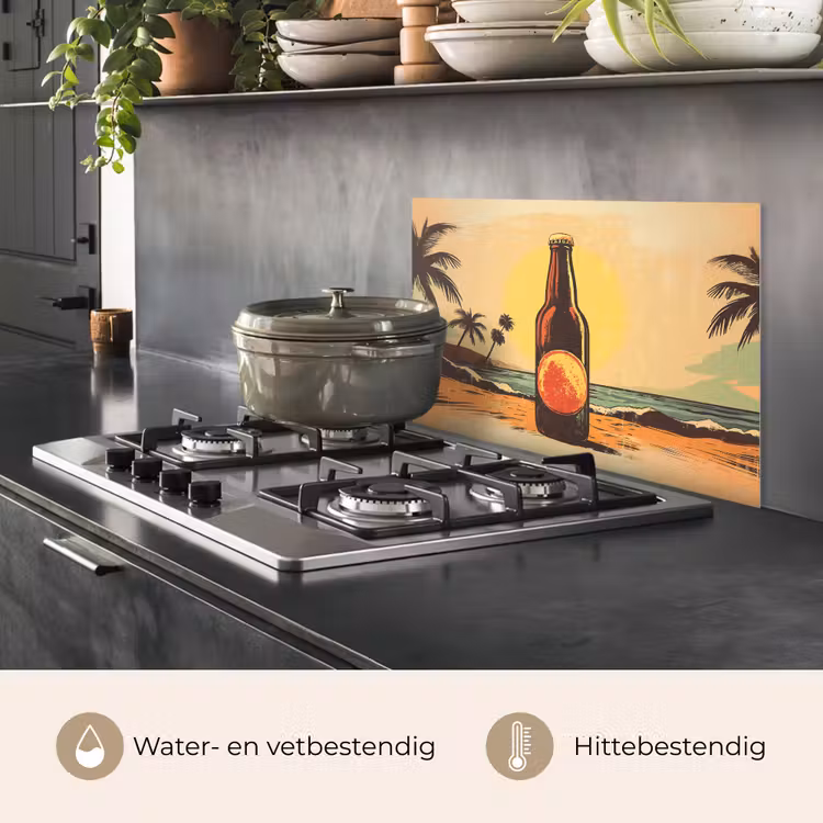 Spatscherm keuken - Bierfles - Zonsondergang - Palmbomen - Zee — 2
