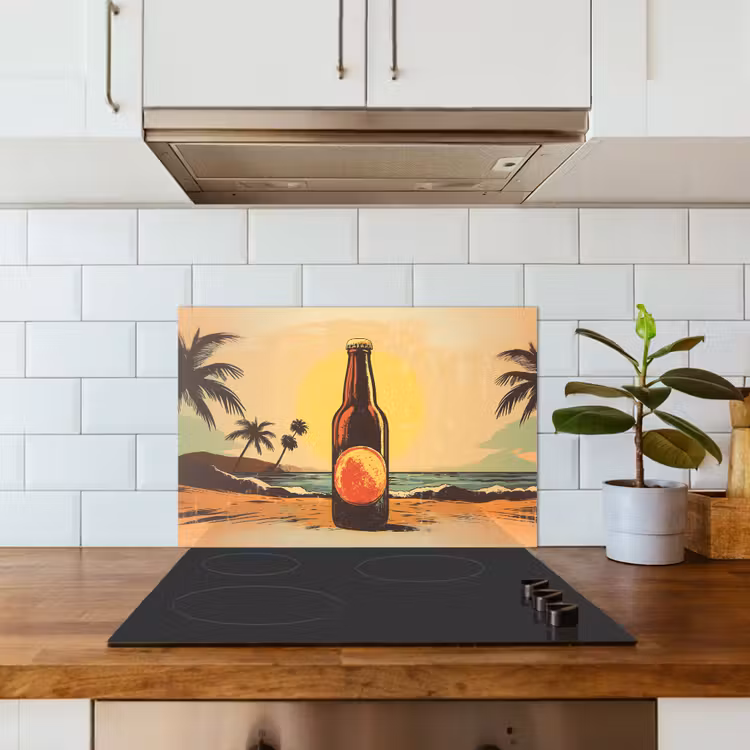 Spatscherm keuken - Bierfles - Zonsondergang - Palmbomen - Zee — 3