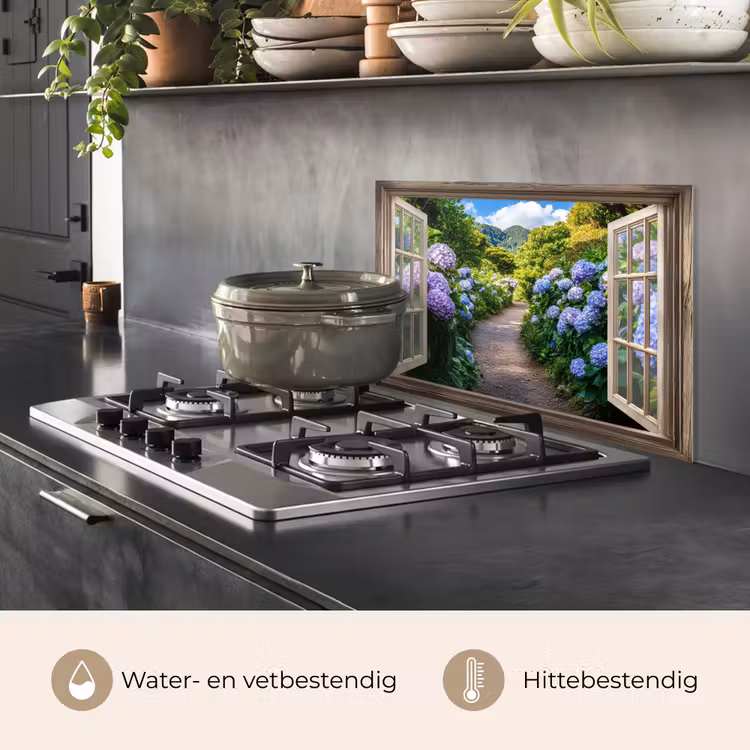 Spatscherm keuken - Doorkijk - Hortensia - Pad - Natuur — 2
