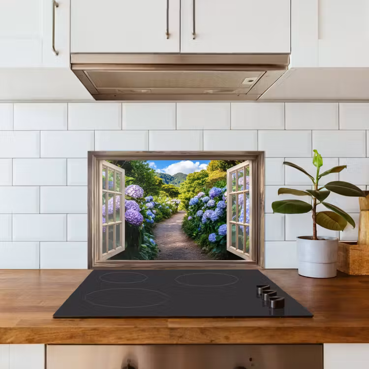 Spatscherm keuken - Doorkijk - Hortensia - Pad - Natuur — 3