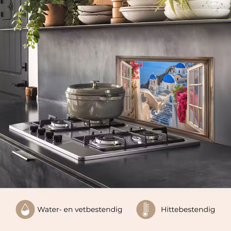 Spatscherm keuken - Doorkijk - Santorini - Landschap - Blauw - Grieks — 2