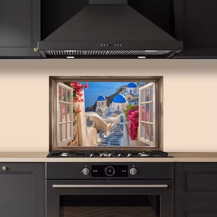 Spatscherm keuken - Doorkijk - Santorini - Landschap - Blauw - Grieks — 5