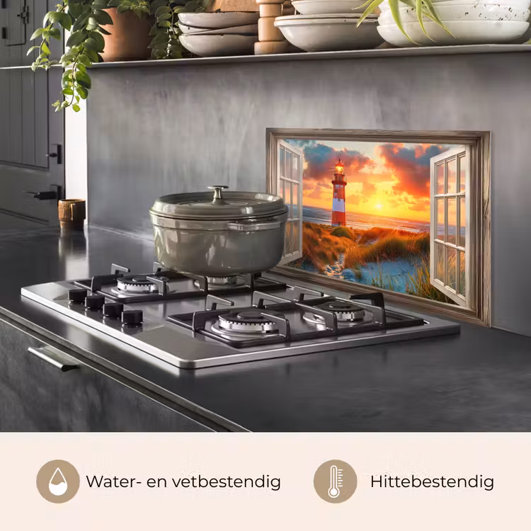 Spatscherm keuken - Doorkijk - Raam - Vuurtoren - Zonsondergang - Strand — 2