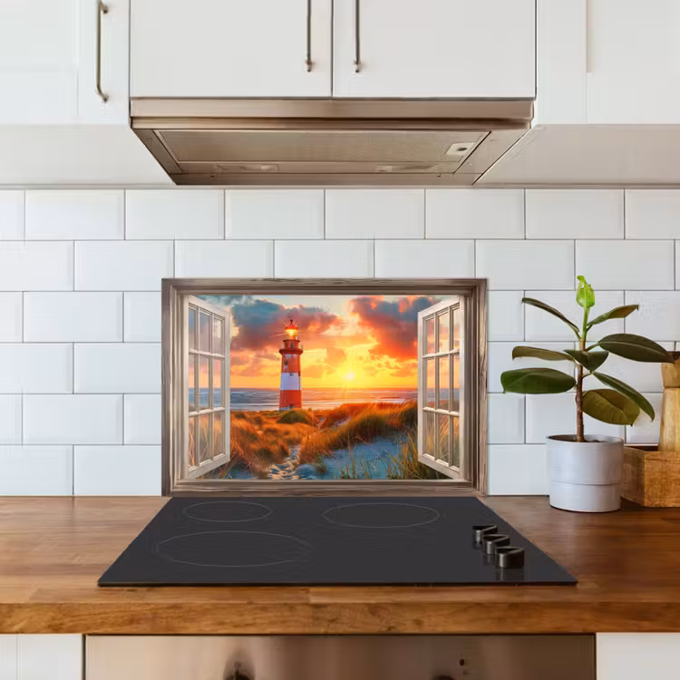 Spatscherm keuken - Doorkijk - Raam - Vuurtoren - Zonsondergang - Strand — 3