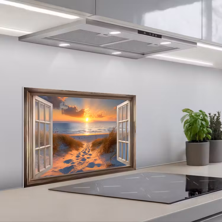 Spatscherm keuken - Doorkijk - Strand - Duinen - Zonsondergang — 1
