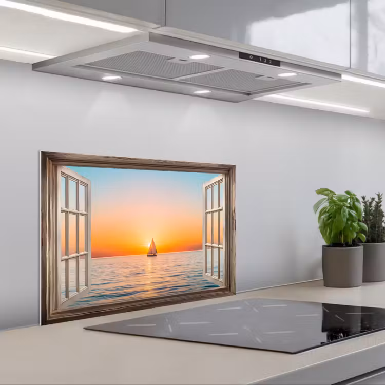 Spatscherm keuken - Doorkijk - Zee - Boot - Zonsondergang — 1