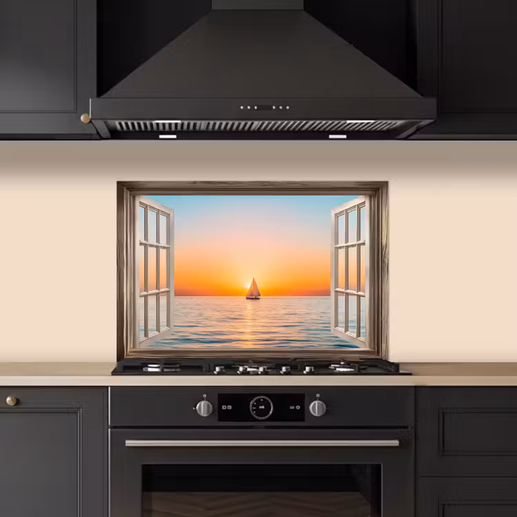Spatscherm keuken - Doorkijk - Zee - Boot - Zonsondergang — 5