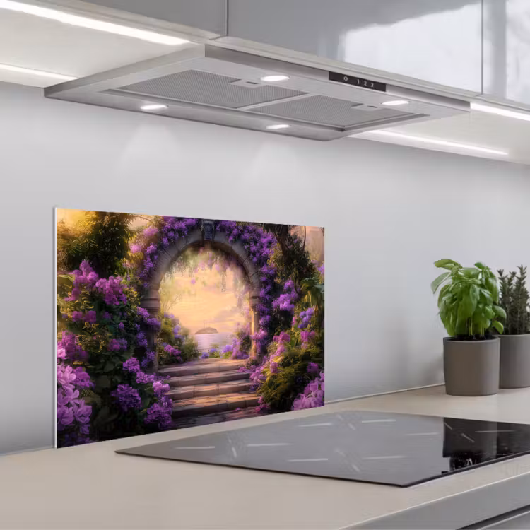 Spatscherm keuken - Poort - Paars - Bloemen — 1