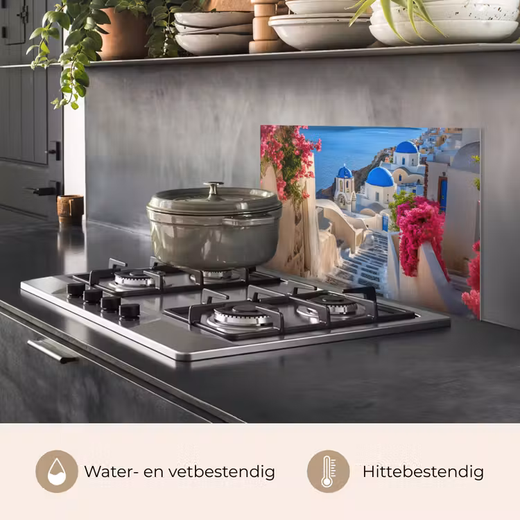 Spatscherm keuken - Santorini - Bloemen - Griekenland — 2