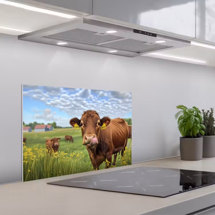 Spatscherm keuken - Koe - Weide - Bloemen — 1