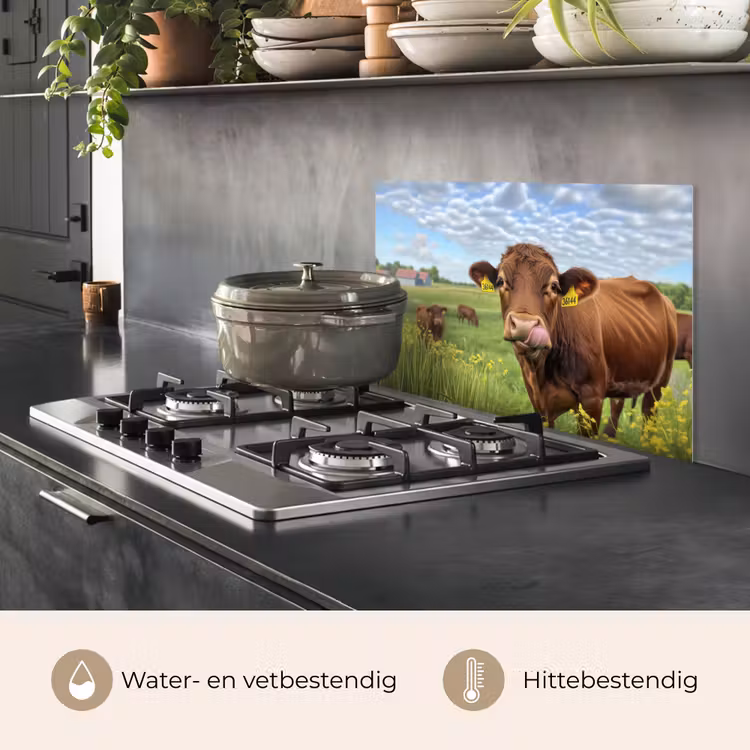 Spatscherm keuken - Koe - Weide - Bloemen — 2
