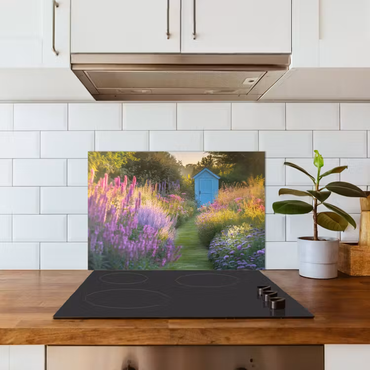 Spatscherm keuken - Tuinhuisje - Blauw - Bloemen — 3