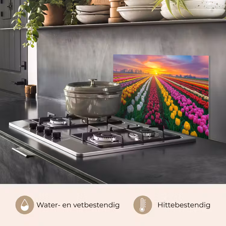 Spatscherm keuken - Tulpenveld - Zonsondergang - Kleurrijk — 2
