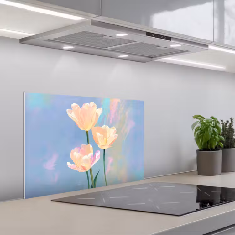 Spatscherm keuken - Tulpen - Roze accenten - Blauw — 1