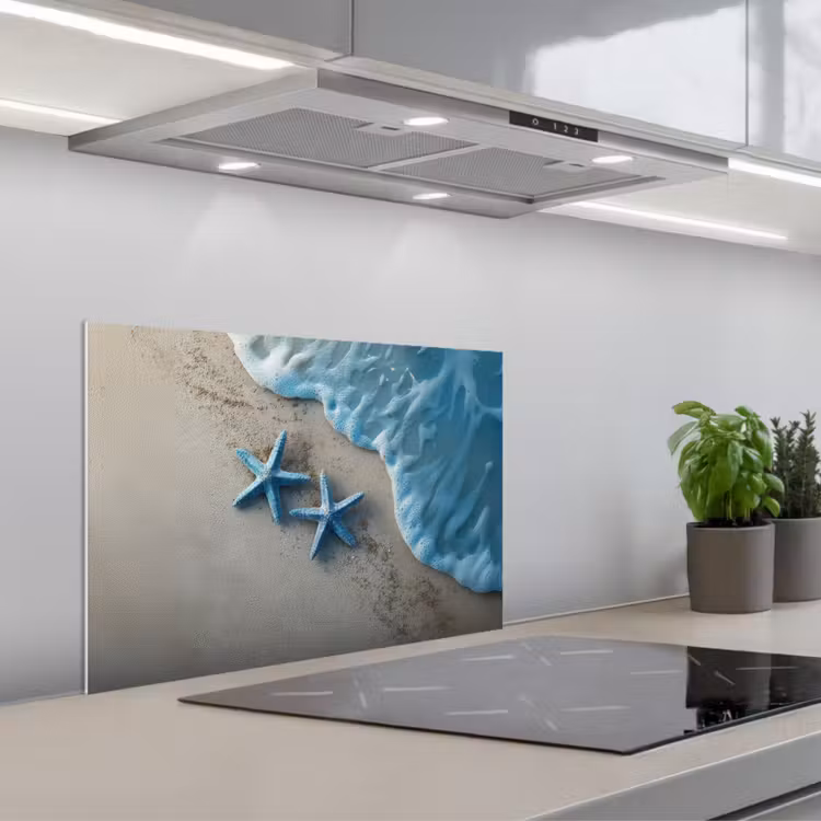 Spatscherm keuken - Zeesterren - Zand - Zee - Blauw — 1