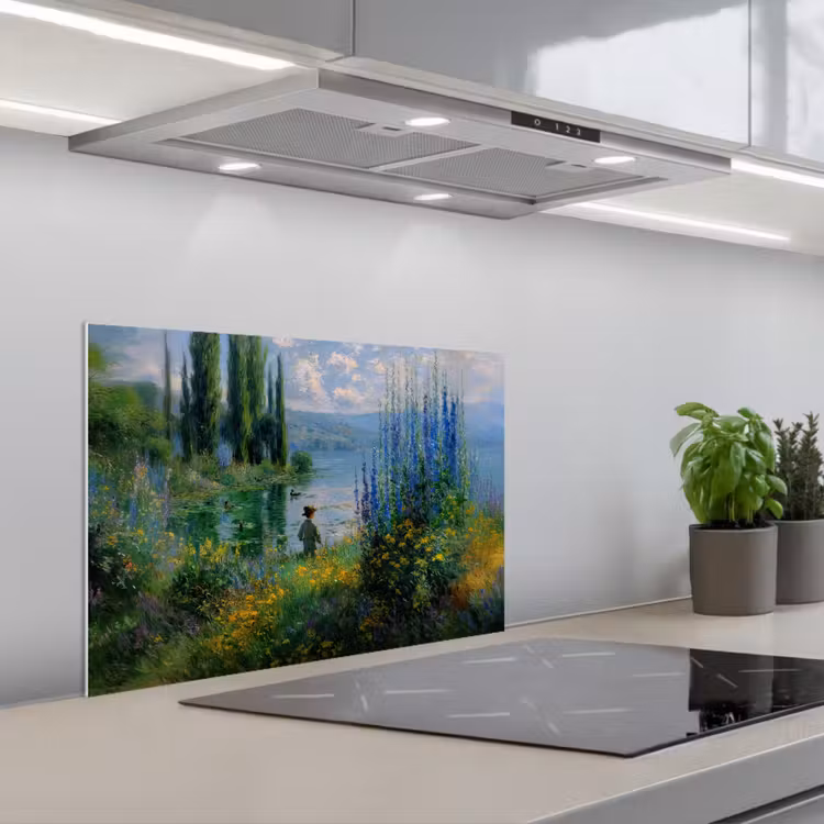 Spatscherm keuken - Bloemen - Meer - Bergen - Groen — 1