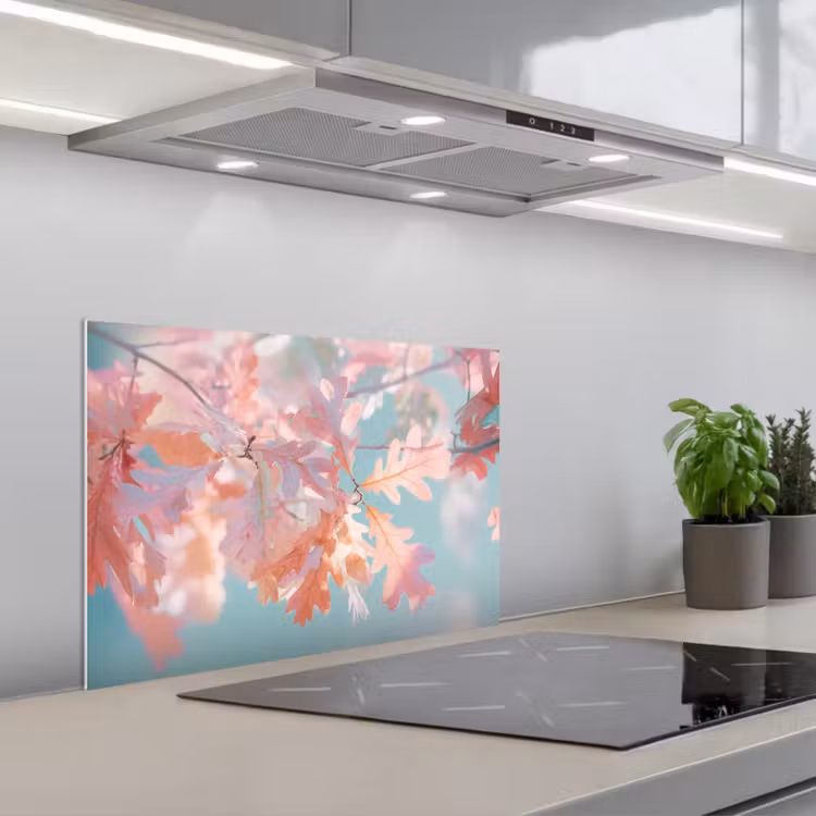 Spatscherm keuken - Eikenbladeren - Takken - Roze — 1