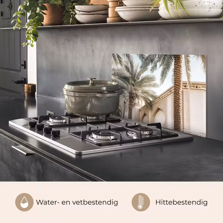 Spatscherm keuken - Gebouw - Palmbomen - Beige - Zon — 2