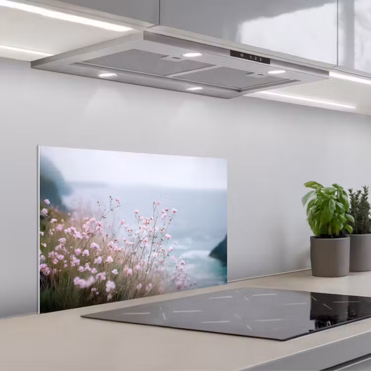 Spatscherm keuken - Klif - Bloemen - Zee - Roze — 1