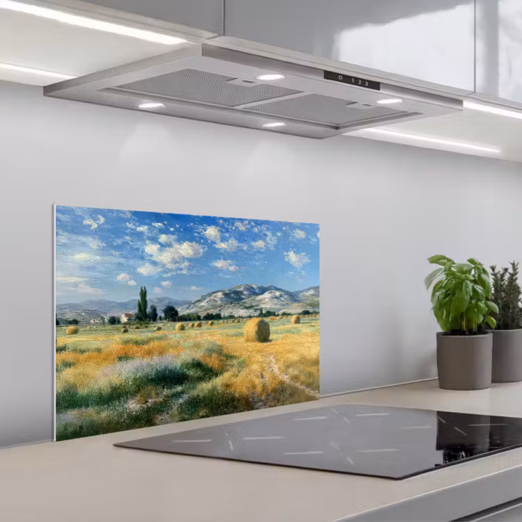 Spatscherm keuken - Landschap - Strobalen - Bergen - Wolken — 1
