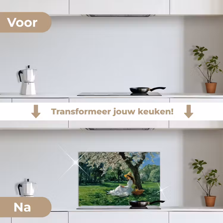 Spatscherm keuken - Vrouw - Boom - Boek - Mandje — 7