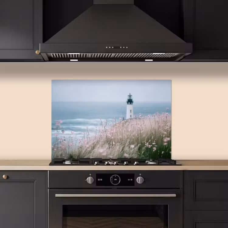 Spatscherm keuken - Vuurtoren - Klif - Zee - Bloemen — 5
