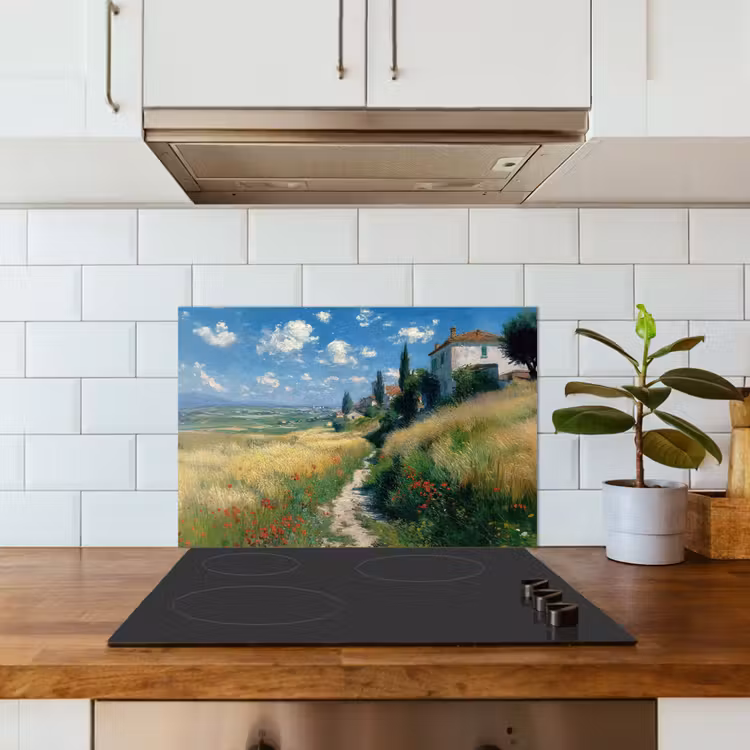 Spatscherm keuken - Zandpad - Huis - Bomen - Grasveld — 3